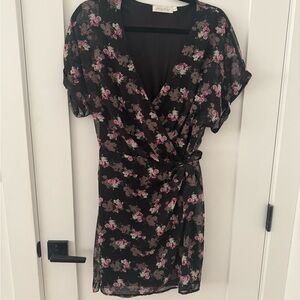 Black and Pink Flutter Sleeve Wrap Mini Dress